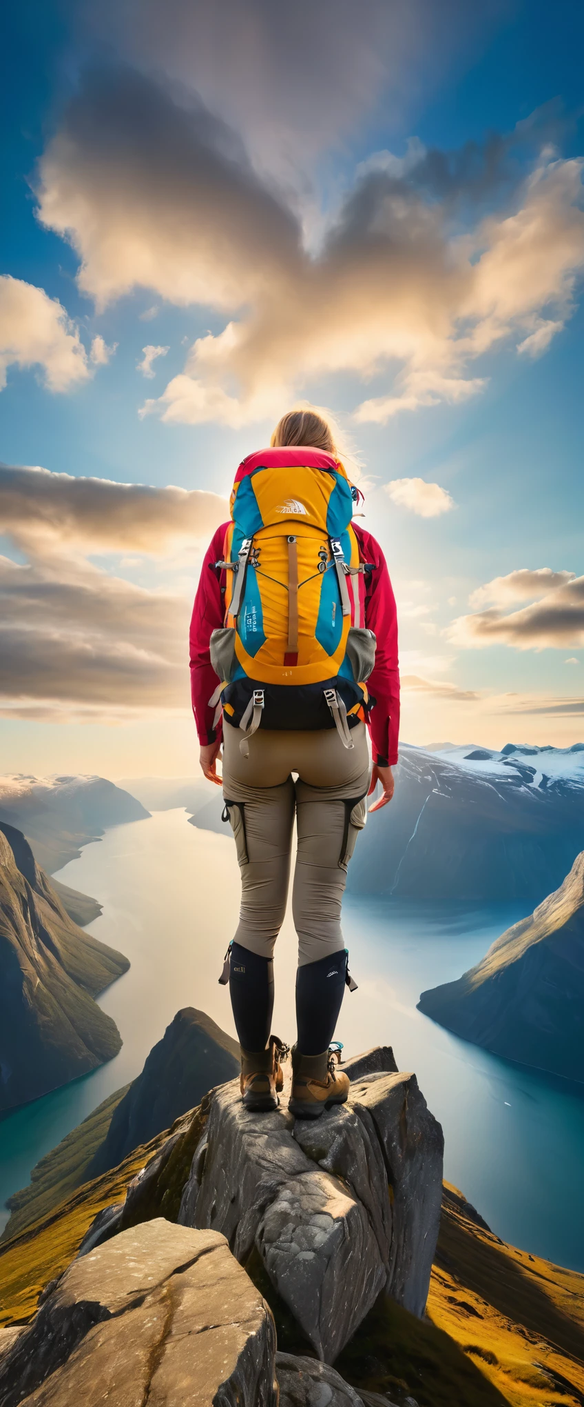 Highest quality,(masterpiece:1.2),Ultra-high resolution,RAW color photos,8K,Vast landscape photography,Realistic photos,Elaborate photos,Middle-aged women,Mountaineering,Back view,(Outdoor clothing),(Large backpack),(From below,Woman standing on a fjord,Gazing out at the vast ocean below),Beautiful sky,Beautiful sea,horizon,Depth of written boundary,Wide Light,Low Contrast,Backlight,Sharp focus,Vibrant colors,Dynamic composition
