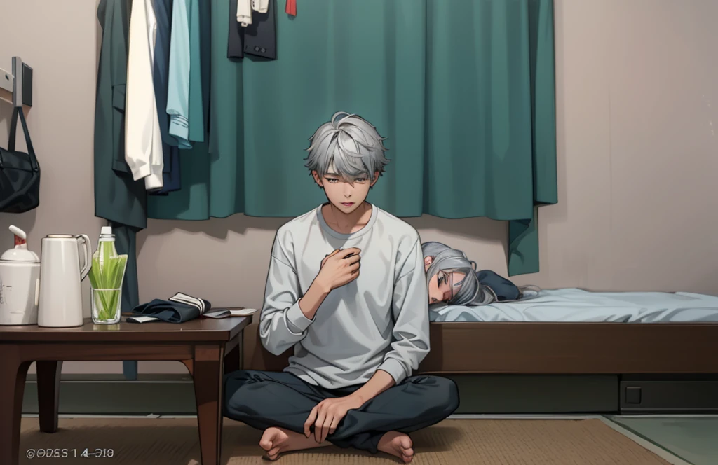 a young man of 17 years old with gray hair is looking at his hands 