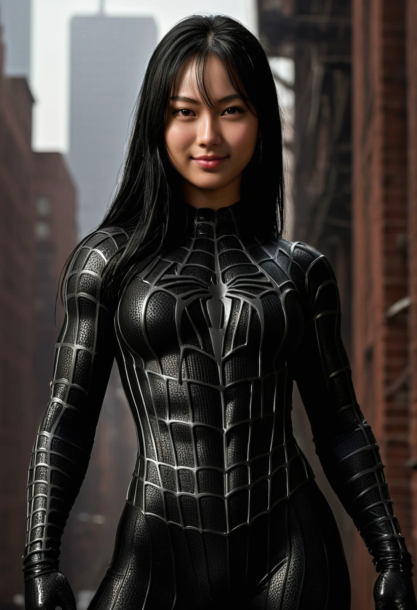 score_9, score_8_up, score_7_up, best quality, realistic, masterpiece, beautiful detail, hyperrealistic, (1girl, woman body, smile, black hair), big breasts:1, amazing detailed full body portrait of a beautiful japanese girl, defined muscle girl, wearing a realistic and highly detailed black raimi spider-man suit, ((huge muscular girl)), professional model wears ultra - detailed black raimi spider - man suit, ultra - detailed and grained black raimi spiderman suit, suit covered entire body and hand, black spiderman gloves, wet, (looking at camera), (full body), (dirty skin), close up, octane render, highly detailed, volumetric, dramatic lighting, (highest quality:1.1), (HDR:1.3), (top quality, best quality), realistic, high definition,
