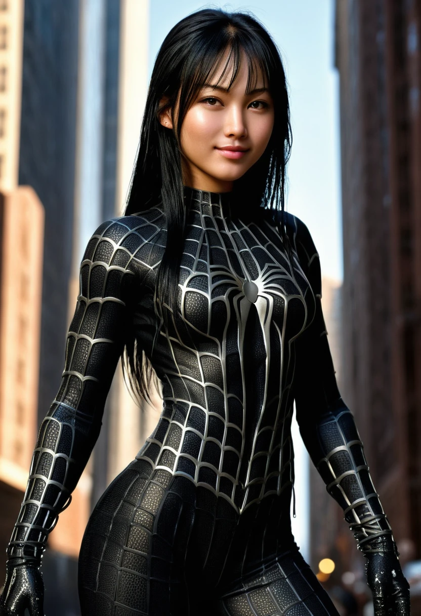 score_9, score_8_up, score_7_up, best quality, realistic, masterpiece, beautiful detail, hyperrealistic, (1girl, woman body, smile, black hair), big breasts:1, amazing detailed full body portrait of a beautiful japanese girl, defined muscle girl, wearing a realistic and highly detailed black raimi spider-man suit, ((huge muscular girl)), professional model wears ultra - detailed black raimi spider - man suit, ultra - detailed and grained black raimi spiderman suit, suit covered entire body and hand, black spiderman gloves, wet, (looking at camera), (full body), (dirty skin), close up, octane render, highly detailed, volumetric, dramatic lighting, (highest quality:1.1), (HDR:1.3), (top quality, best quality), realistic, high definition,

