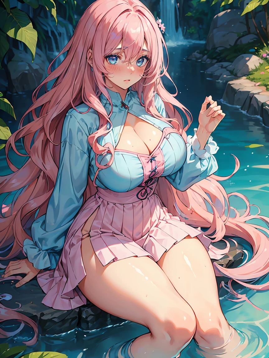 handsome girl,blue-eyes,blue pupils,Long pink hair,Hyperresolution,accuracy,Detailed rendering,(Subtle facial image)(Image of fine hair)(topquality)(Masterpieces of masters)(High degree of completeness)(A sense of atmosphere)tmasterpiece,Super detailed and super detailed(half-body portrait), long wavy pink hair, , in water, (((tHICK WAVY HAIR)))(((ANKLE LENGTH HAIR)))(((Blushing)))(((Huge breasts)))(((LARGER BREASTS))) large breasts, bigger breasts (((Bigger breasts))) (((Blushing))) (((Sakimichan))) (((Pink hair))) (((cute outfit)))(((Casual outfit)))