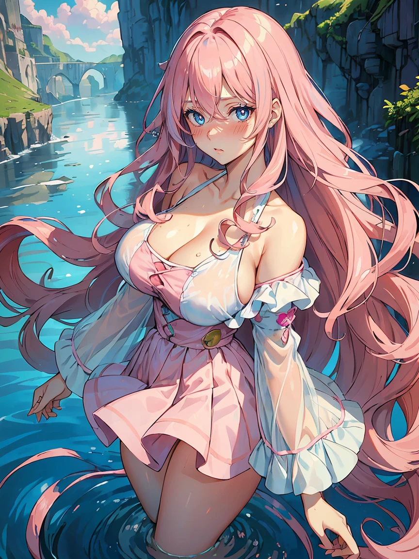 handsome girl,blue-eyes,blue pupils,Long pink hair,Hyperresolution,accuracy,Detailed rendering,(Subtle facial image)(Image of fine hair)(topquality)(Masterpieces of masters)(High degree of completeness)(A sense of atmosphere)tmasterpiece,Super detailed and super detailed(half-body portrait), long wavy pink hair, , in water, (((tHICK WAVY HAIR)))(((ANKLE LENGTH HAIR)))(((Blushing)))(((Huge breasts)))(((LARGER BREASTS))) large breasts, bigger breasts (((Bigger breasts))) (((Blushing))) (((Sakimichan))) (((Pink hair))) (((cute outfit)))(((Casual outfit)))