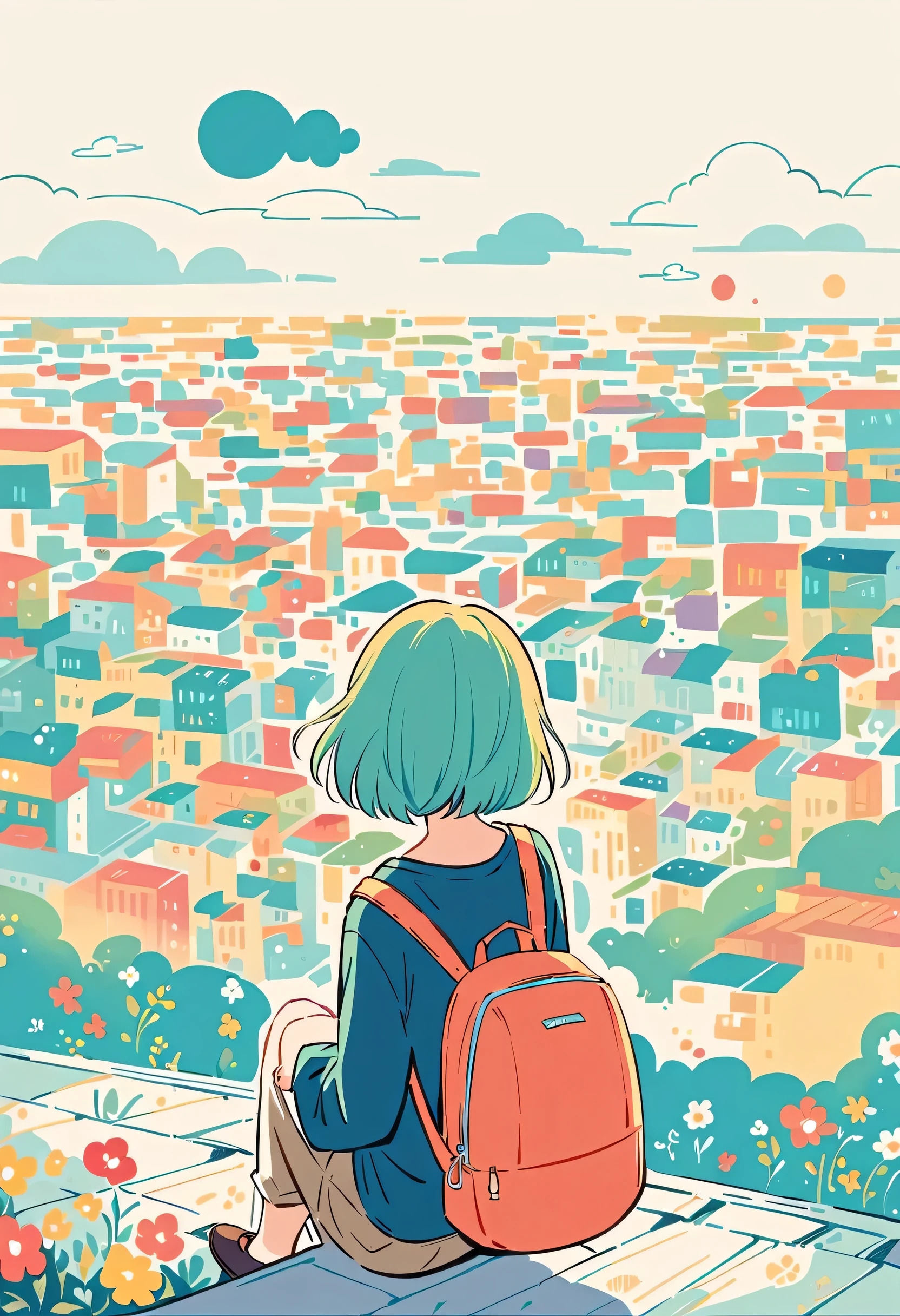 Mai Yoneyama style, Stand on the rooftop，Girl with backpack on rooftop，The backpack is filled with happy spring，Simple lineinimalism，abstraction，City background