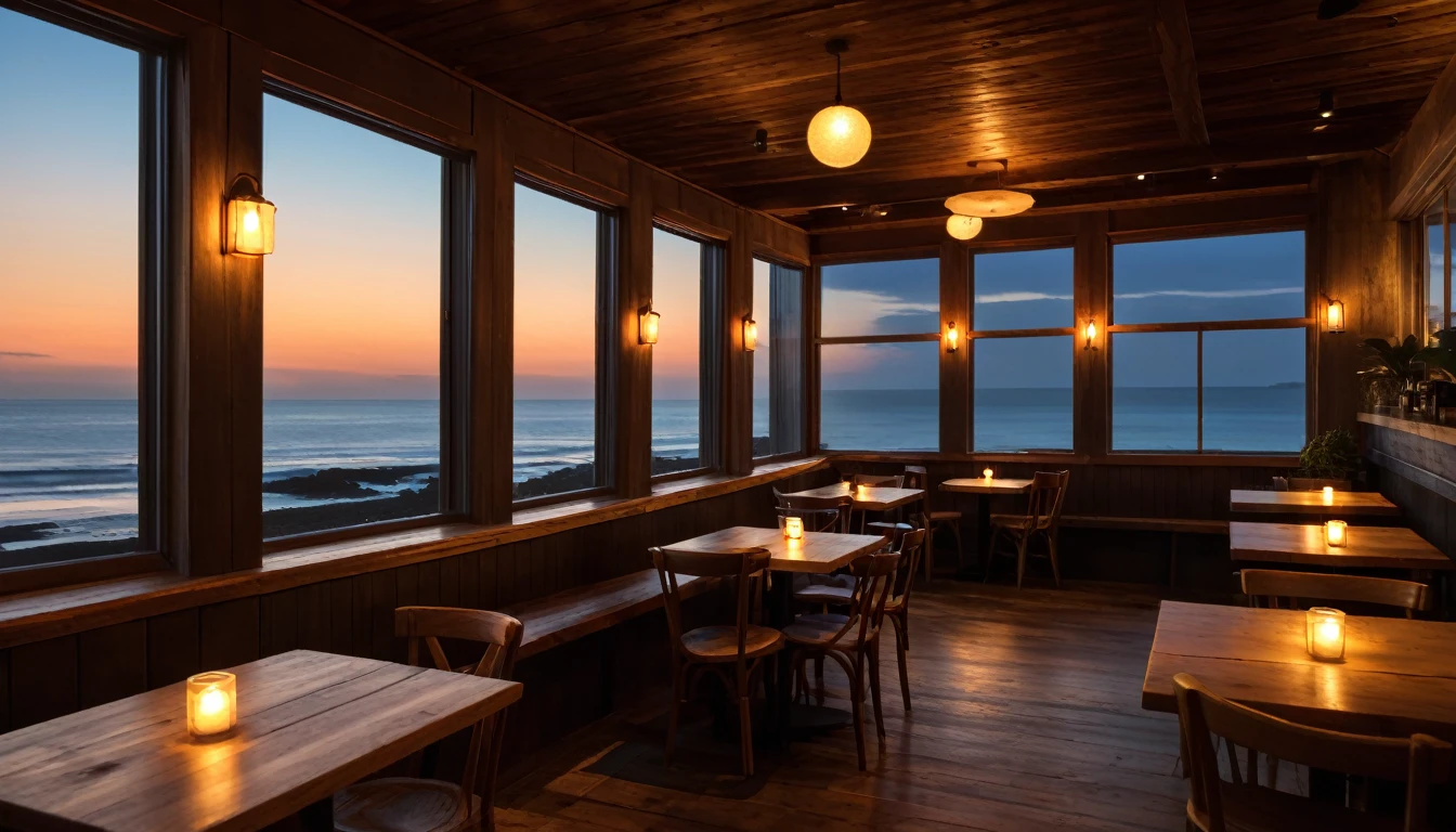 An atmospheric, seaside coffee shop at night with multiple wooden tables illuminated by warm, soft lighting. The focal point is a large, captivating window in the center of the room showcasing a moonlit ocean view. Adjacent to the window, a crackling fireplace adds a cozy ambiance, casting a gentle glow throughout the space