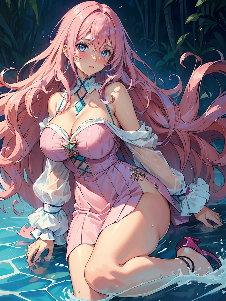 handsome girl，blue-eyes，blue pupils，Long pink hair，Hyperresolution，accuracy，Detailed rendering，（Subtle facial image）（Image of fine hair）（topquality）（Masterpieces of masters）（High degree of completeness）（A sense of atmosphere）tmasterpiece，Super detailed and super detailed（half-body portrait), long wavy pink hair, , in water, (((tHICK WAVY HAIR)))(((ANKLE LENGTH HAIR)))(((Blushing)))(((Huge breasts)))(((LARGER BREASTS))) large breasts, bigger breasts (((Bigger breasts))) (((Blushing))) (((Sakimichan))) (((Pink hair))) (((cute outfit)))(((Casual outfit)))