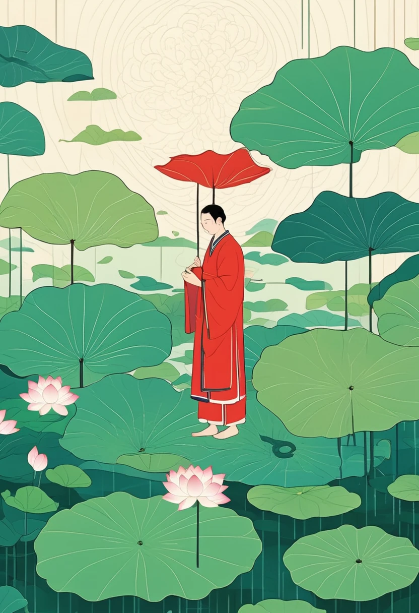 A man in red standing in the lotus pond, Holding a large lotus leaf in hand. It was raining in the sky, The illustration is drawn in a flat style with colored lines, Green is the main background color,Look down from the sky