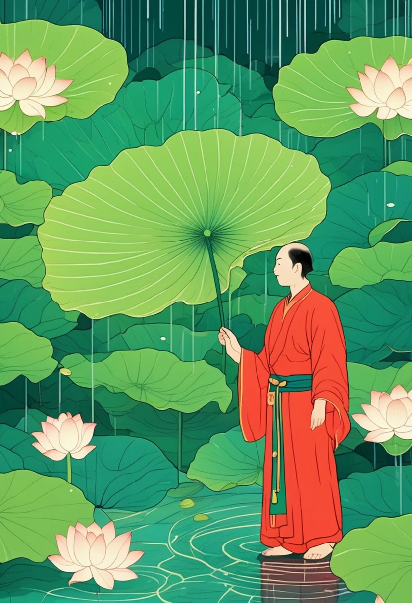 A man in red standing in the lotus pond, Holding a large lotus leaf in hand. It was raining in the sky, The illustration is drawn in a flat style with colored lines, Green is the main background color,Look down from the sky