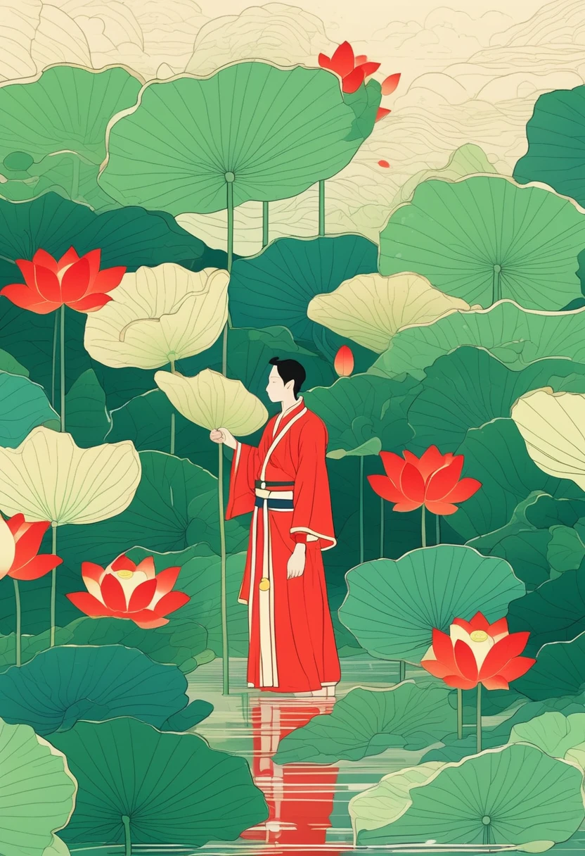 A man in red standing in the lotus pond, Holding a large lotus leaf in hand. It was raining in the sky, The illustration is drawn in a flat style with colored lines, Green is the main background color,Look down from the sky