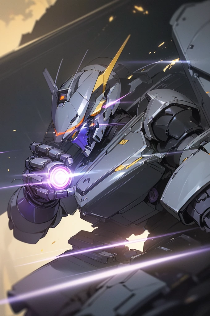 {masterpiece, distinct_image, extremely detailed CG, (extremely detailed fine touch:1.2),action manga, monochrome, sketch,ink splashing, (natural light, sun light, light rays, dappled light, ray tracing:1.2), glitter, purple_light, (glow_black_upper_body, front_light:1.3), {1mecha, fist_focus, upper_body, dynamic angle, standing, fighting stance, attack, punching, clenched hand},{(black_colored_upper_body_machine armor, mecha head:1.3) (Very Huge Mechanical Gauntlets:1.4), (purple_glowing_eye:1.2) , no_holding_weapon}}