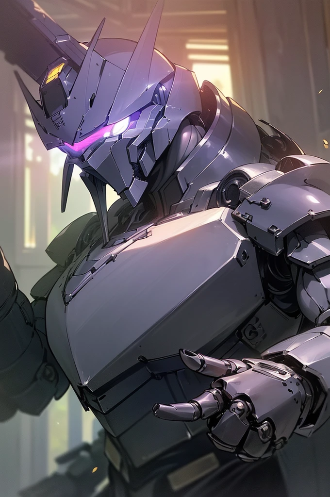 {masterpiece, distinct_image, extremely detailed CG, (extremely detailed fine touch:1.2),action manga, monochrome, sketch,ink splashing, (natural light, sun light, light rays, dappled light, ray tracing:1.2), glitter, purple_light, (glow_black_upper_body, front_light:1.3), {1mecha, fist_focus, upper_body, dynamic angle, standing, fighting stance, attack, punching, clenched hand},{(black_colored_upper_body_machine armor, mecha head:1.3) (Very Huge Mechanical Gauntlets:1.4), (purple_glowing_eye:1.2) , no_holding_weapon}}