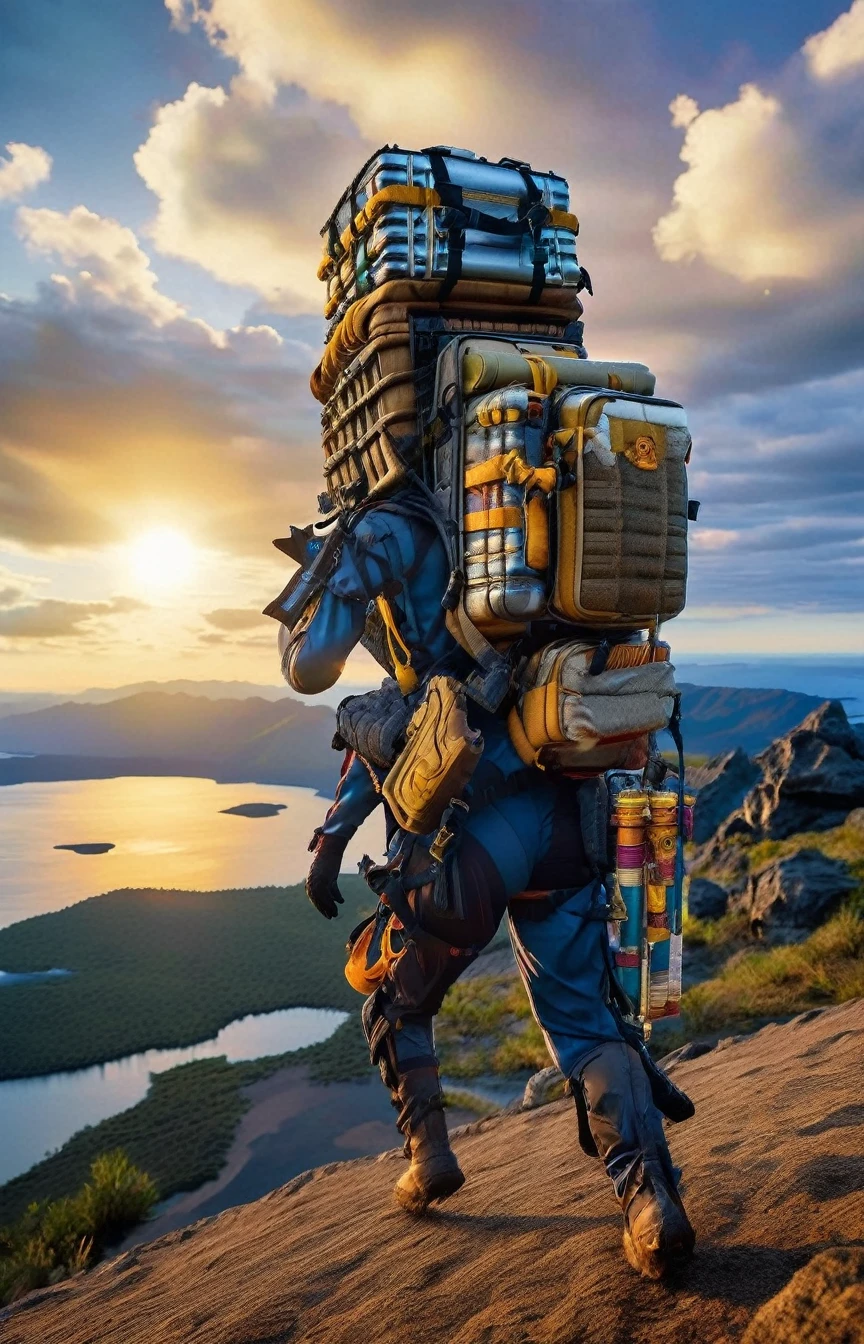 photo of close up front of woman embarks on an uphill adventure, Her back was adorned with a large backpack, twice its height.. Behind her, a vast, pristine lake unfolds, beneath a brilliant, sun-drenched sky ,moon just appeared , woman wearing with armor,weapon, headgear, bpk, backpacker, 