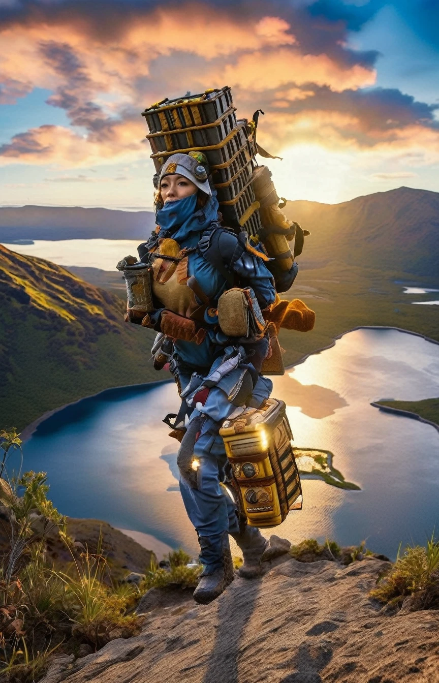 photo of close up front of woman embarks on an uphill adventure, Her back was adorned with a large backpack, twice its height.. Behind her, a vast, pristine lake unfolds, beneath a brilliant, sun-drenched sky ,moon just appeared , woman wearing with armor,weapon, headgear, bpk, backpacker, 