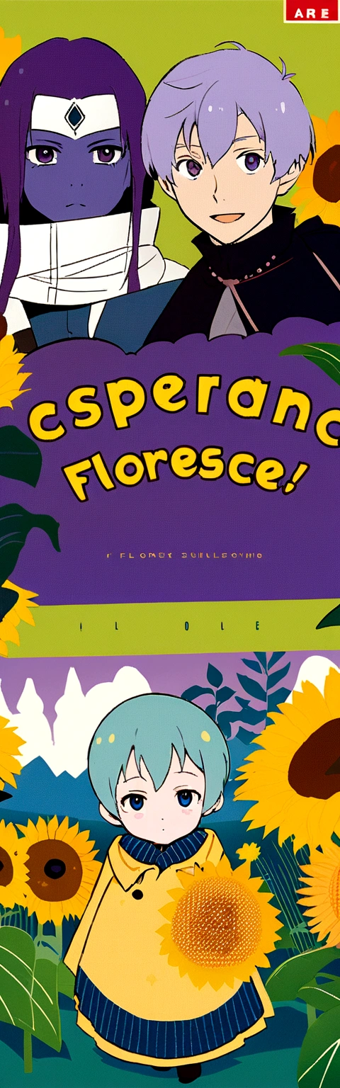 an illustration of a and a boy in a field of sunflowers, inspired Direction: Florence Engelbach, children's book cover, book cover!!!!!!!!!!!!, art cover, cover sleeve, official art admirer, anime cover, inspired by Eppo Doeve, 🌻🎹🎼, art admirer, Direction: Florence Engelbach, cape art, novel cape art for a book