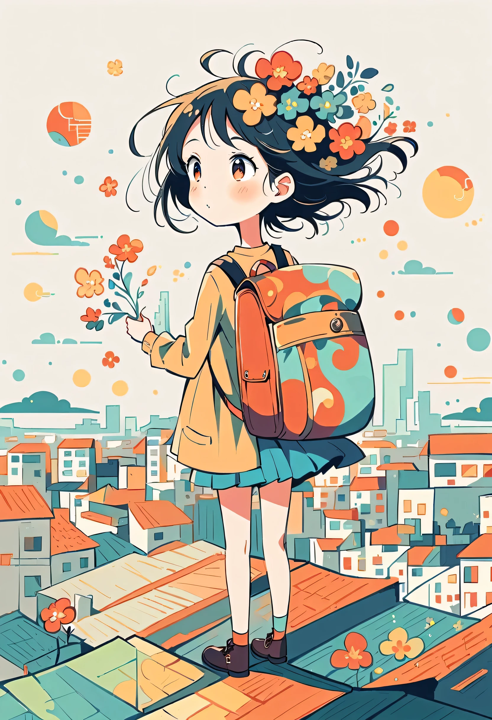 Mai Yoneyama style, Stand on the rooftop,Girl with backpack on rooftop,The backpack is filled with happy spring,Simple lineinimalism,abstraction,City background
