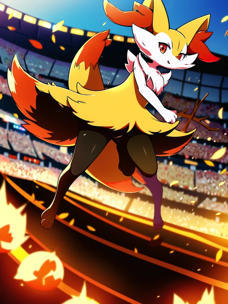 anime, 1girl, masterpiece, best quality, braixen, pokemon, yellow fox,  detailed, short muzzle, fluff ears, [red eyes], detailed eyes, outside, stadium, running, daylight, anatomically correct, stance, furry, stick, fluffy tail