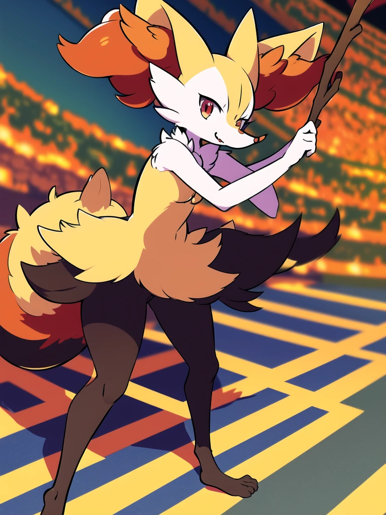 anime, 1girl, masterpiece, best quality, braixen, pokemon, yellow fox,  detailed, short muzzle, fluff ears, [red eyes], detailed eyes, outside, stadium, running, daylight, anatomically correct, stance, furry, stick, fluffy tail