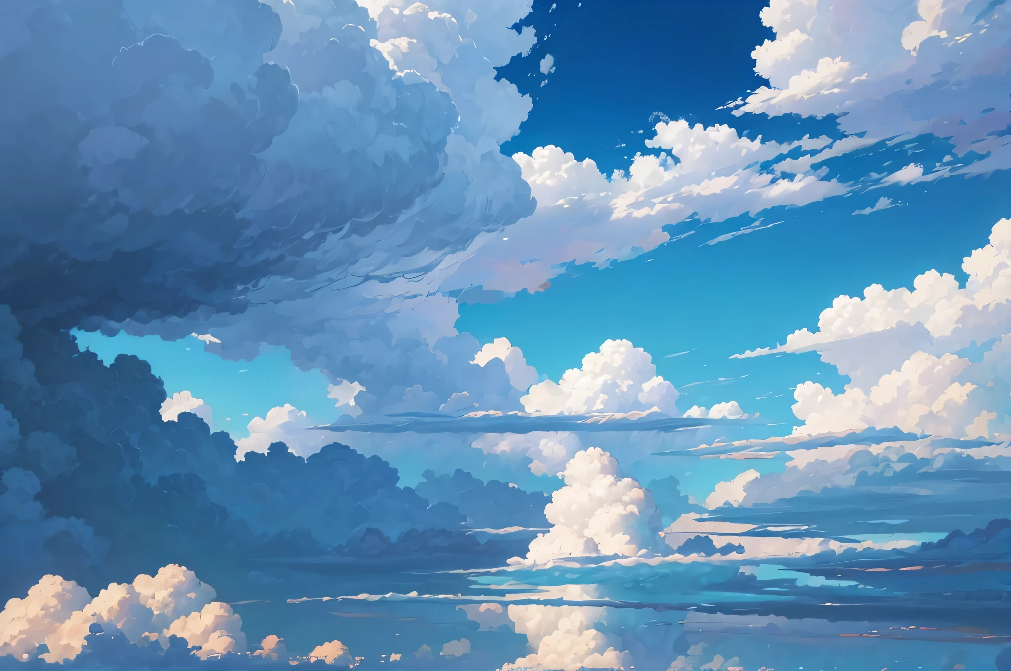 a blue sky with some clouds, in the style of hyper-detailed illustrations, nature painter, spectacular backdrops, animecore, high resolution, whimsical cartoon, realistic forms