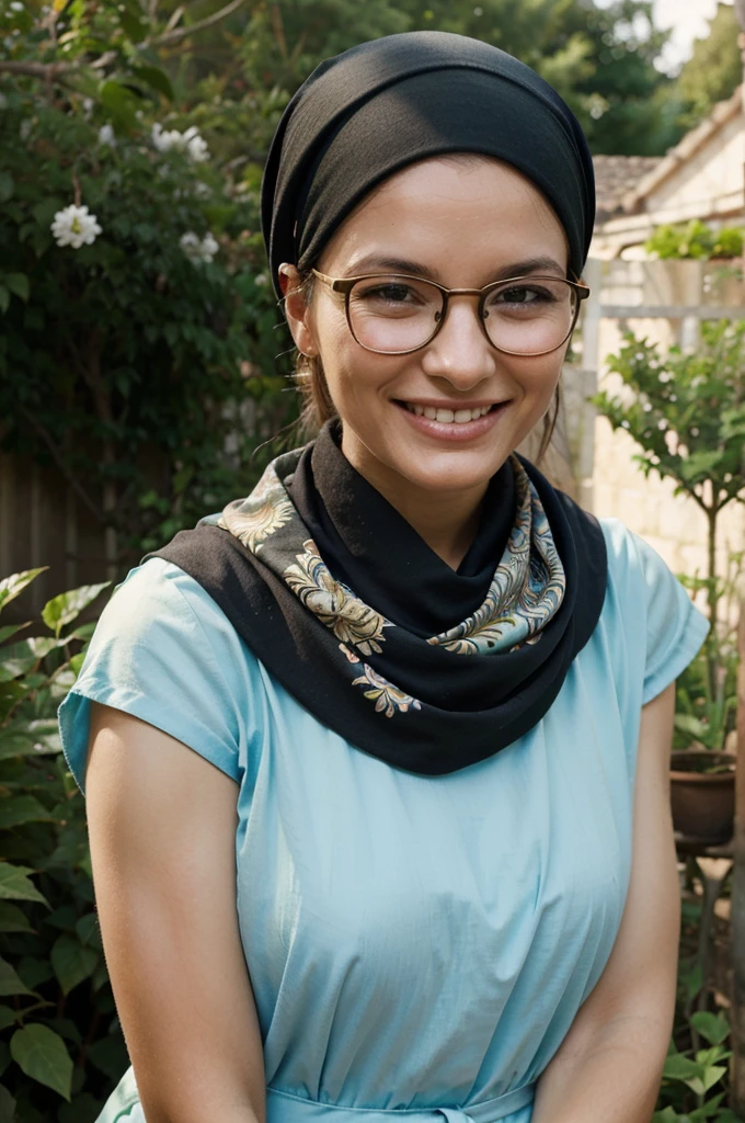 Beautiful woman wearing glasses and a headscarf aged around 38 to 40 smiling with a background in a garden full of plants
