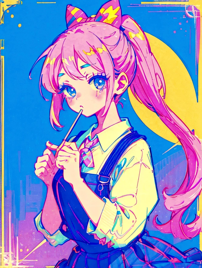 A cute girl，Anime art style，Close-up of face，Big eyes with long eyelashes，Double ponytail hairstyle，The big bow is decorated with colorful plaid，She&#39;s in a retro dessert shop with a vintage neon sign，Holding a giant colorful lollipop，Surrounded by colorful desserts poster。She has blue eyes and fair skin.。She was wearing a suspender skirt，A bow is tied around the neck。Bright colors，Strong contrast，Kawaii punk aesthetic