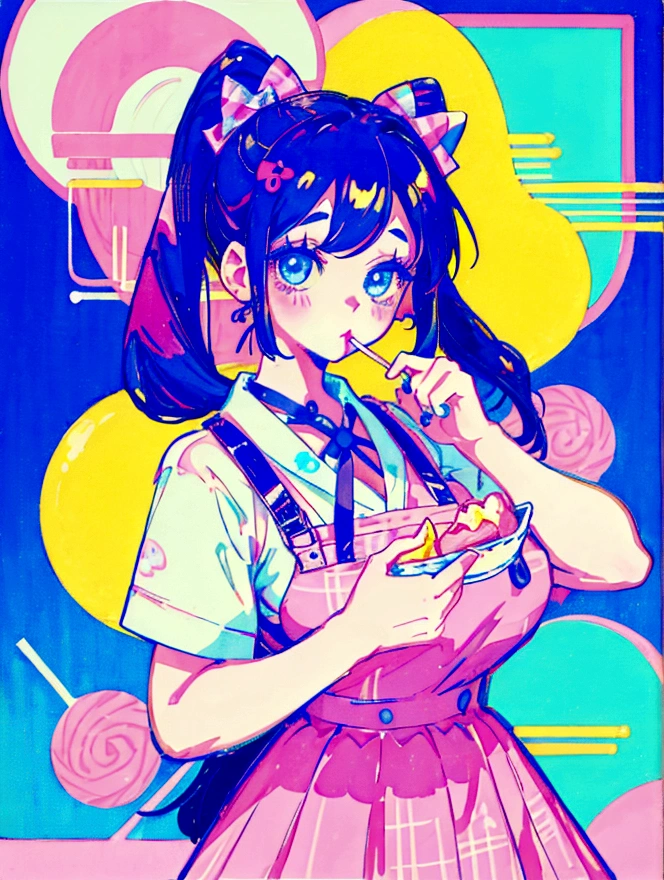 A cute girl，Anime art style，Close-up of face，Big eyes with long eyelashes，Double ponytail hairstyle，The big bow is decorated with colorful plaid，She&#39;s in a retro dessert shop with a vintage neon sign，Holding a giant colorful lollipop，Surrounded by colorful desserts poster。She has blue eyes and fair skin.。She was wearing a suspender skirt，A bow is tied around the neck。Bright colors，Strong contrast，Kawaii punk aesthetic