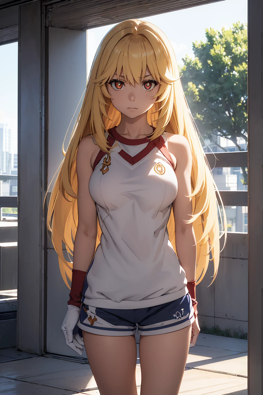 NSFW Highest quality, (masterpiece:1.2),{{shirtリフト}}　{{topless}},misakishokuhou, misaki shokuhou, blonde, Hair between the eyes, Long Hair, (Symbol-shaped pupil:1.5)＋＋, (Big Breasts), break bare shoulders, gloves, gym shirt, gym Shorts, Gym suit, shirt, short Shorts,  Gym suit, Shorts, White knee socks, break outdoor, city, null, sun, cloud, break looking at viewer, (Cowboy Shot:1.5), break (masterpiece:1.2), Highest quality, High resolution, unity 8k wallpaper, (shape:0.8), (Beautiful attention to detail:1.6), Highly detailed face, Perfect lighting, Extremely detailed CG, (Perfect hands, Perfect Anatomy),