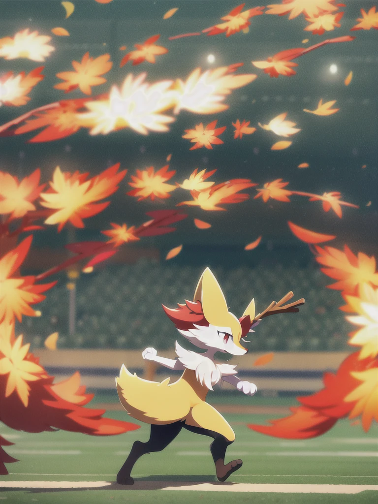 anime, 1girl, masterpiece, best quality, braixen, pokemon, yellow fox,  detailed, short muzzle, fluff ears, [red eyes], detailed eyes, outside, stadium, running, daylight, anatomically correct, stance, furry, stick, fluffy tail