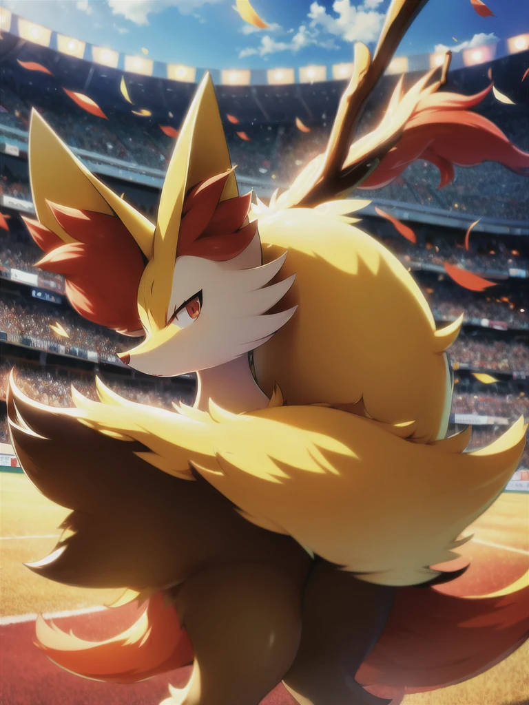 anime, 1girl, masterpiece, best quality, braixen, pokemon, yellow fox,  detailed, short muzzle, fluff ears, [red eyes], detailed eyes, outside, stadium, running, daylight, anatomically correct, stance, furry, stick, fluffy tail