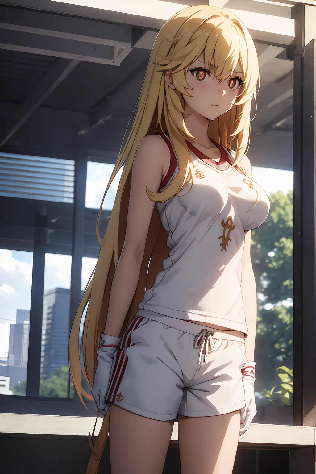 NSFW Highest quality, (masterpiece:1.2),{{shirtリフト}}　{{topless}},misakishokuhou, misaki shokuhou, blonde, Hair between the eyes, Long Hair, (Symbol-shaped pupil:1.5)＋＋, (Big Breasts), break bare shoulders, gloves, gym shirt, gym Shorts, Gym suit, shirt, short Shorts,  Gym suit, Shorts, White knee socks, break outdoor, city, null, sun, cloud, break looking at viewer, (Cowboy Shot:1.5), break (masterpiece:1.2), Highest quality, High resolution, unity 8k wallpaper, (shape:0.8), (Beautiful attention to detail:1.6), Highly detailed face, Perfect lighting, Extremely detailed CG, (Perfect hands, Perfect Anatomy),
