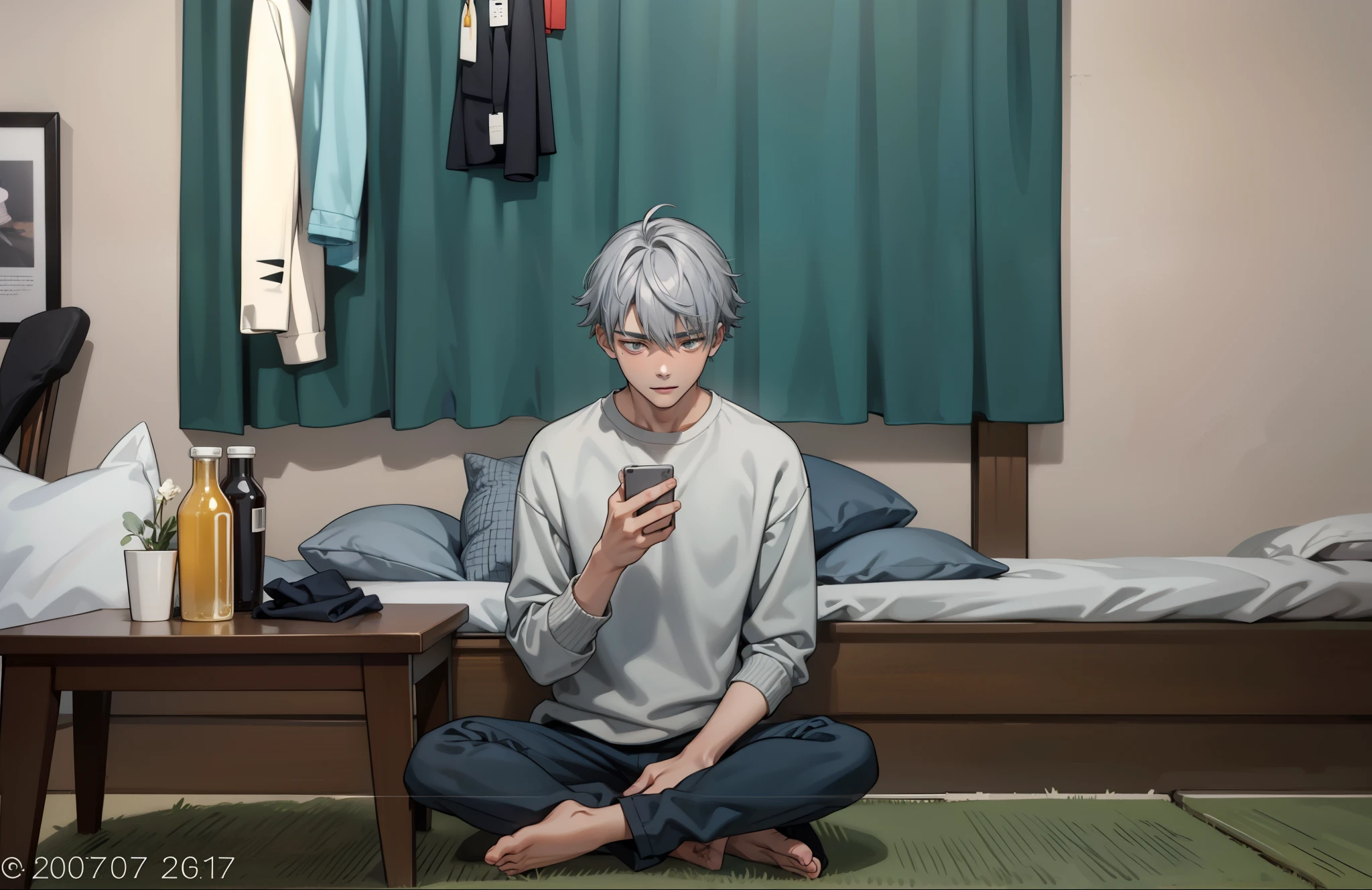 a young man of 17 years old with gray hair is looking at his hands