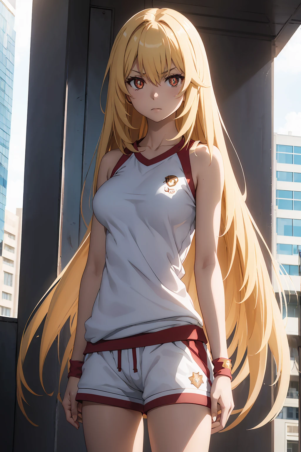 NSFW Highest quality, (masterpiece:1.2),{{shirtリフト}} {{topless}},misakishokuhou, misaki shokuhou, blonde, Hair between the eyes, Long Hair, (Symbol-shaped pupil:1.5)++, (Big Breasts), break bare shoulders, gloves, gym shirt, gym Shorts, Gym suit, shirt, short Shorts, Gym suit, Shorts, White knee socks, break outdoor, city, null, sun, cloud, break looking at viewer, (Cowboy Shot:1.5), break (masterpiece:1.2), Highest quality, High resolution, unity 8k wallpaper, (shape:0.8), (Beautiful attention to detail:1.6), Highly detailed face, Perfect lighting, Extremely detailed CG, (Perfect hands, Perfect Anatomy),