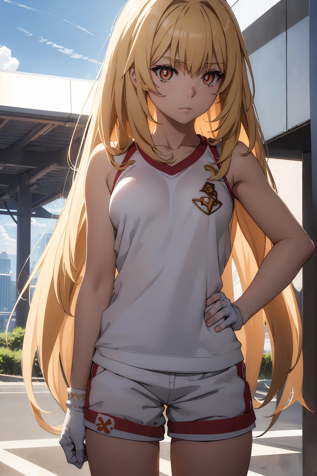 NSFW Highest quality, (masterpiece:1.2),{{shirtリフト}}　{{topless}},misakishokuhou, misaki shokuhou, blonde, Hair between the eyes, Long Hair, (Symbol-shaped pupil:1.5)＋＋, (Big Breasts), break bare shoulders, gloves, gym shirt, gym Shorts, Gym suit, shirt, short Shorts,  Gym suit, Shorts, White knee socks, break outdoor, city, null, sun, cloud, break looking at viewer, (Cowboy Shot:1.5), break (masterpiece:1.2), Highest quality, High resolution, unity 8k wallpaper, (shape:0.8), (Beautiful attention to detail:1.6), Highly detailed face, Perfect lighting, Extremely detailed CG, (Perfect hands, Perfect Anatomy),