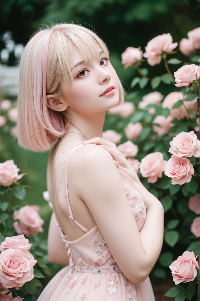 8K, RAW Photos, Fujifilm, Avril-like style photo of a beautiful young woman in a garden of pale pink roses (Highly detailed skin: 1.2) Style Petal Break Short Hair, Blonde and colored hair, Wearing a dress, Film Granulation, 35mm, Cute Style