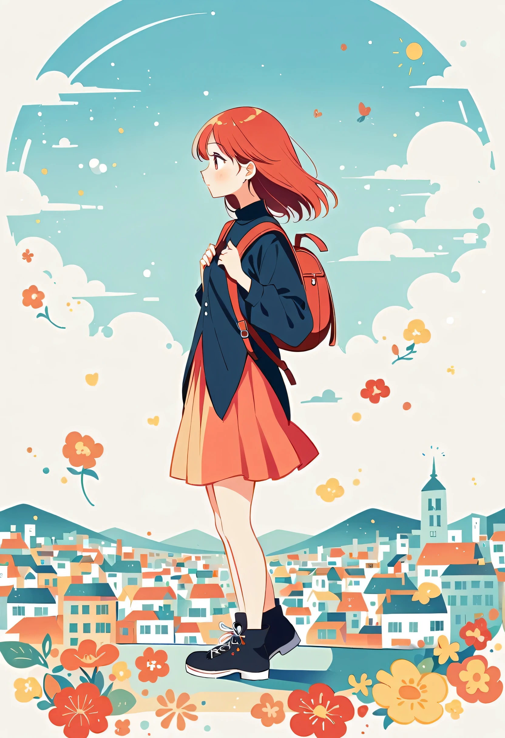 Black Star Red and White style, Stand on the rooftop，Girl with backpack on rooftop，The backpack is filled with happy spring，Simple lineinimalism，abstraction，City background