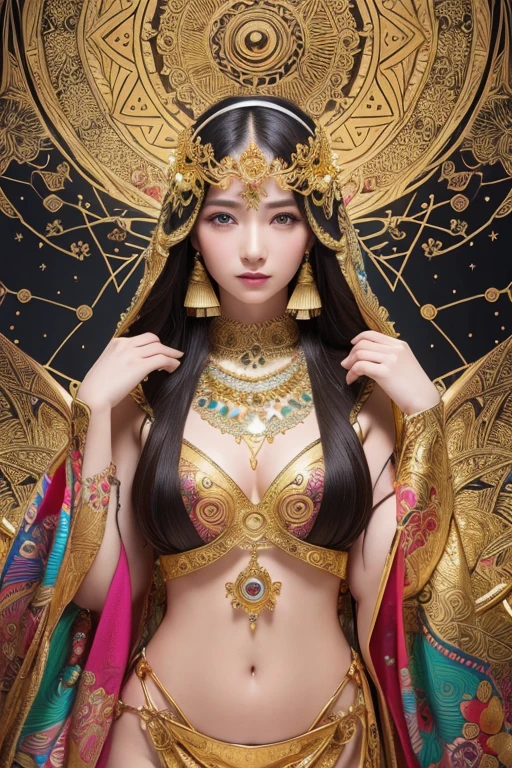(masterpiece, Highest quality, Highest quality, Official Art, beautiful and aesthetic:1.2), (One girl), Very detailed,colorful,Most detailed, Official Art, unity 8k wallpaper, Super detailed, beautiful and aesthetic, beautiful, masterpiece, Highest quality, (zenTangle, Mandala, Tangle, enTangle) 、,Gold foil,Gold leaf art,Sparkly Painting, Perfect NwsjMajic、Has a large crystal、Amaterasu Omikami、(naked)、fortune teller、Love Advice、Golden Room、 information