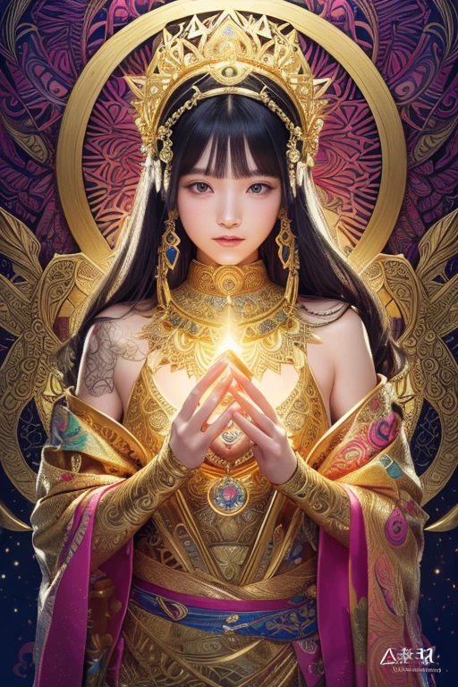 (masterpiece, Highest quality, Highest quality, Official Art, beautiful and aesthetic:1.2), (One girl), Very detailed,colorful,Most detailed, Official Art, unity 8k wallpaper, Super detailed, beautiful and aesthetic, beautiful, masterpiece, Highest quality, (zenTangle, Mandala, Tangle, enTangle) 、,Gold foil,Gold leaf art,Sparkly Painting, Perfect NwsjMajic、Has a large crystal、Amaterasu Omikami、（naked）、fortune teller、Love Advice、Golden Room、 information