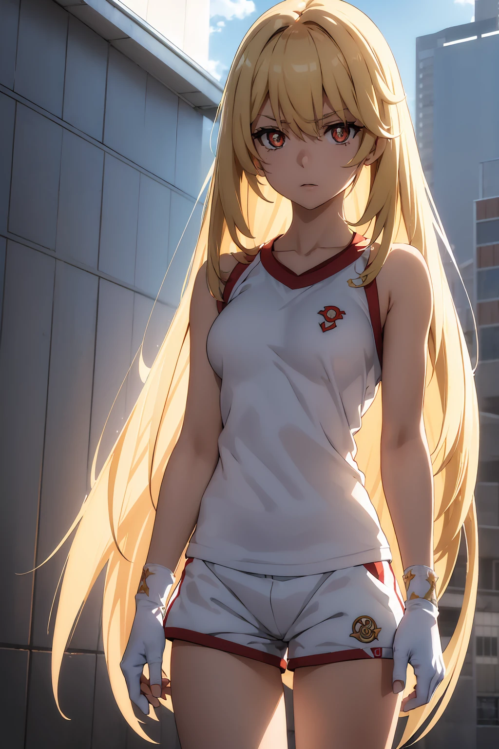 NSFW Highest quality, (masterpiece:1.2),{{shirtリフト}}　{{topless}},misakishokuhou, misaki shokuhou, blonde, Hair between the eyes, Long Hair, (Symbol-shaped pupil:1.5)＋＋, (Big Breasts), break bare shoulders, gloves, gym shirt, gym Shorts, Gym suit, shirt, short Shorts,  Gym suit, Shorts, White knee socks, break outdoor, city, null, sun, cloud, break looking at viewer, (Cowboy Shot:1.5), break (masterpiece:1.2), Highest quality, High resolution, unity 8k wallpaper, (shape:0.8), (Beautiful attention to detail:1.6), Highly detailed face, Perfect lighting, Extremely detailed CG, (Perfect hands, Perfect Anatomy),