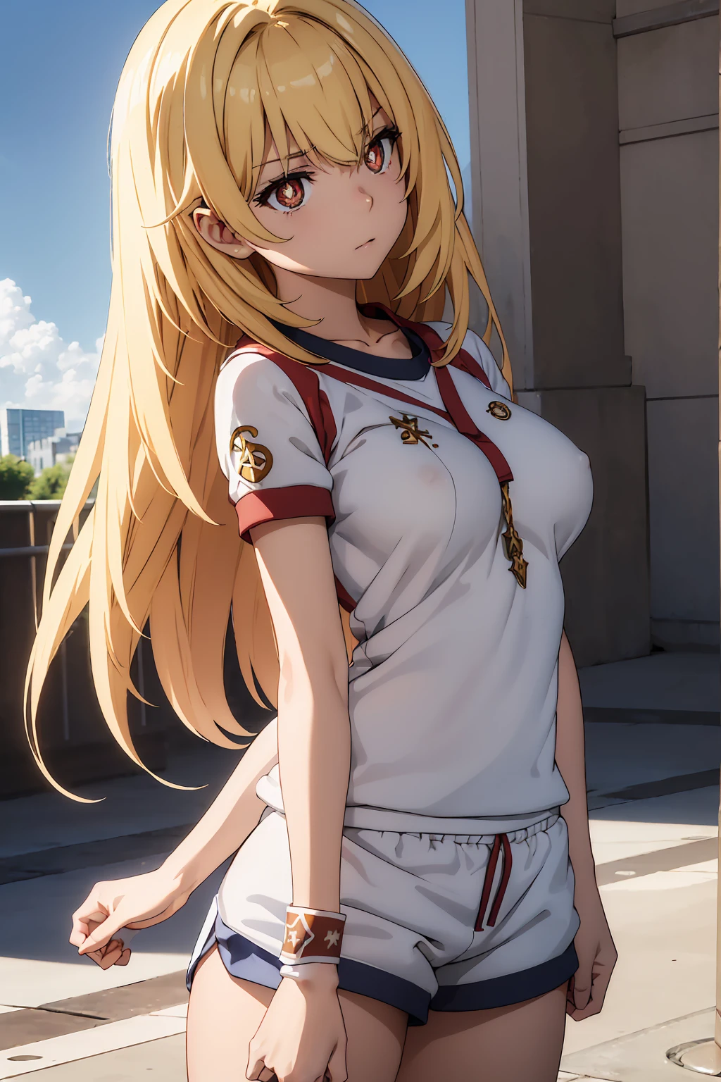 NSFW Highest quality, (masterpiece:1.2),{{shirtリフト}} {{topless}},misakishokuhou, misaki shokuhou, blonde, Hair between the eyes, Long Hair, (Symbol-shaped pupil:1.5)++, (Big Breasts), break bare shoulders, gloves, gym shirt, gym Shorts, Gym suit, shirt, short Shorts, Gym suit, Shorts, White knee socks, break outdoor, city, null, sun, cloud, break looking at viewer, (Cowboy Shot:1.5), break (masterpiece:1.2), Highest quality, High resolution, unity 8k wallpaper, (shape:0.8), (Beautiful attention to detail:1.6), Highly detailed face, Perfect lighting, Extremely detailed CG, (Perfect hands, Perfect Anatomy),