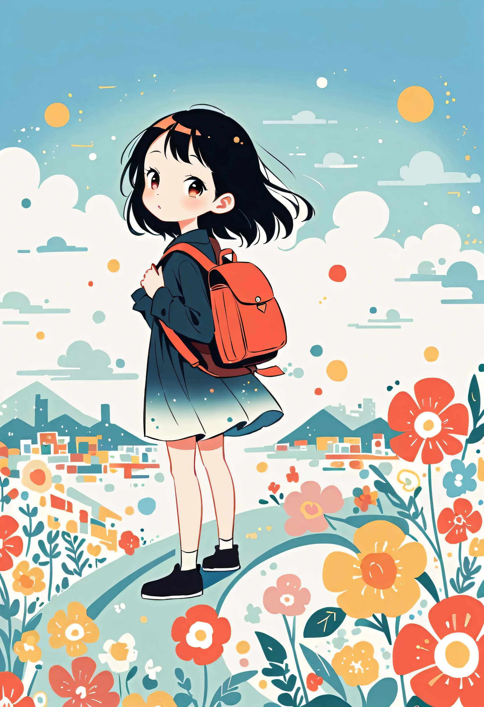Black Star Red and White style, Stand on the rooftop,Girl with backpack on rooftop,The backpack is filled with happy spring,Simple lineinimalism,abstraction,City background