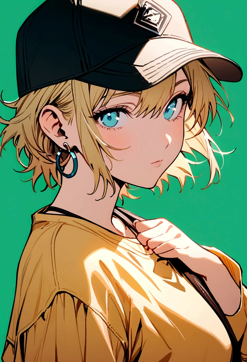 nomura tetsuya, masterpiece, best quality, 1girl, aqua eyes, baseball cap, blonde hair, closed mouth, earrings, green background, hat, hoop earrings, jewelry, looking at viewer, shirt, short hair, simple background, solo, upper body, yellow shirt 