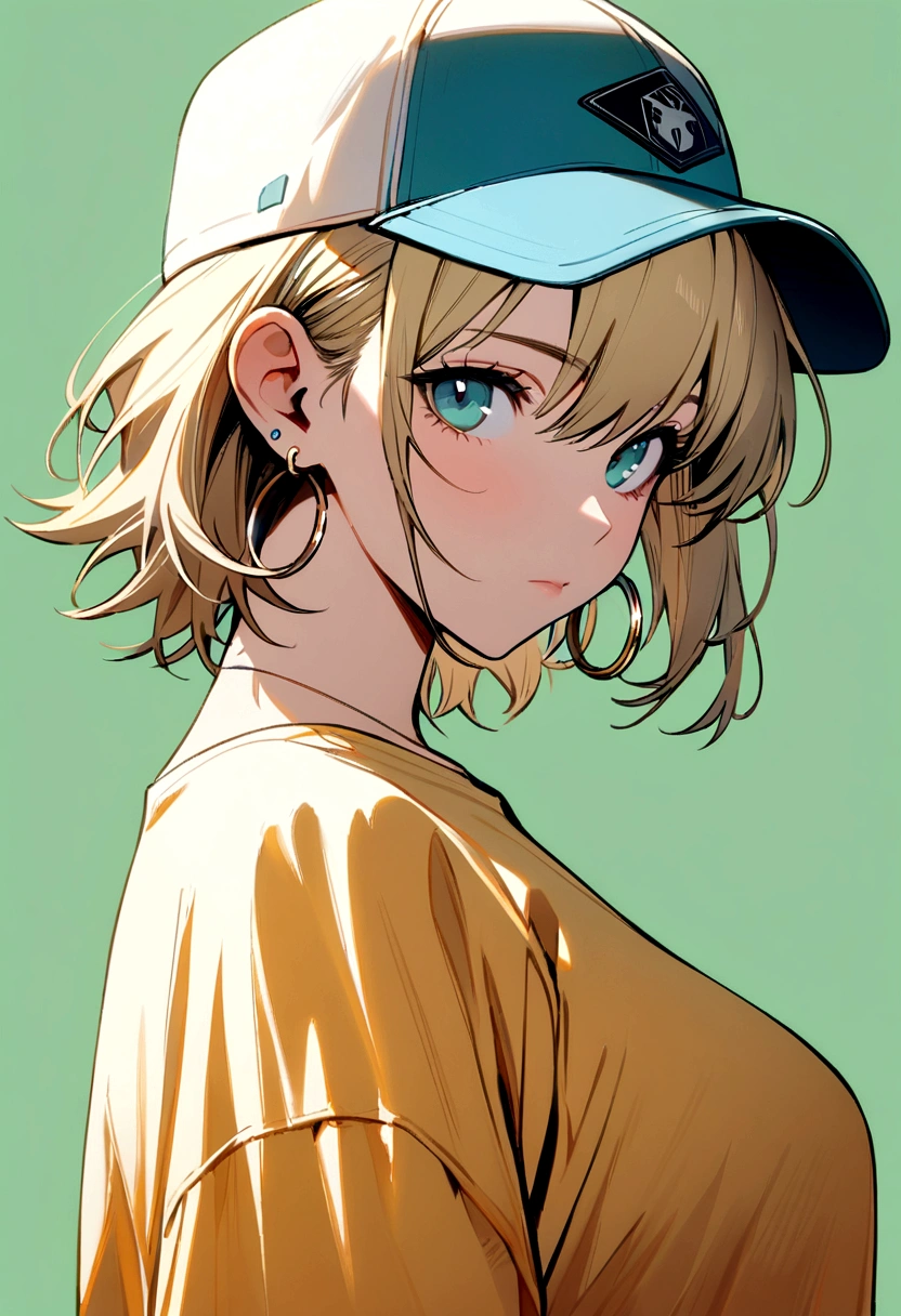nomura tetsuya, masterpiece, best quality, 1girl, aqua eyes, baseball cap, blonde hair, closed mouth, earrings, green background, hat, hoop earrings, jewelry, looking at viewer, shirt, short hair, simple background, solo, upper body, yellow shirt 