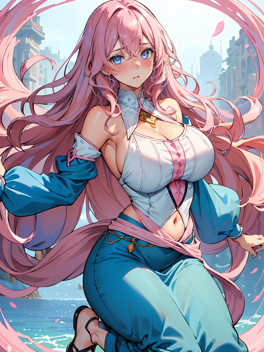 handsome girl,blue-eyes,blue pupils,Long pink hair,Hyperresolution,accuracy,Detailed rendering,(Subtle facial image)(Image of fine hair)(topquality)(Masterpieces of masters)(High degree of completeness)(A sense of atmosphere)tmasterpiece,Super detailed and super detailed(half-body portrait), long wavy pink hair, (((tHICK WAVY HAIR)))(((ANKLE LENGTH HAIR)))(((Blushing)))(((Huge breasts)))(((LARGER BREASTS))) large breasts, bigger breasts (((Bigger breasts))) (((Blushing))) (((Sakimichan))) (((Pink hair))) (((cute outfit)))(((Casual outfit)))