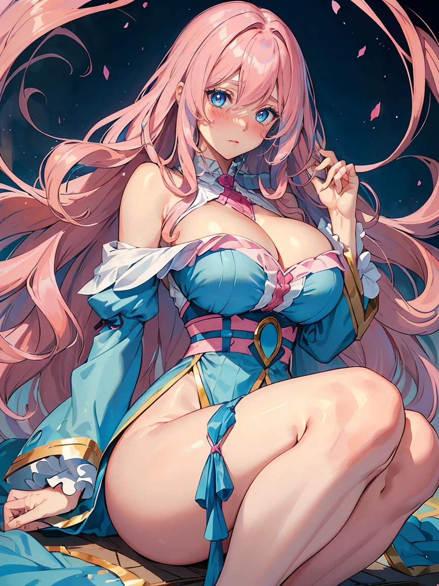 handsome girl，blue-eyes，blue pupils，Long pink hair，Hyperresolution，accuracy，Detailed rendering，（Subtle facial image）（Image of fine hair）（topquality）（Masterpieces of masters）（High degree of completeness）（A sense of atmosphere）tmasterpiece，Super detailed and super detailed（half-body portrait), long wavy pink hair, (((tHICK WAVY HAIR)))(((ANKLE LENGTH HAIR)))(((Blushing)))(((Huge breasts)))(((LARGER BREASTS))) large breasts, bigger breasts (((Bigger breasts))) (((Blushing))) (((Sakimichan))) (((Pink hair))) (((cute outfit)))(((Casual outfit)))