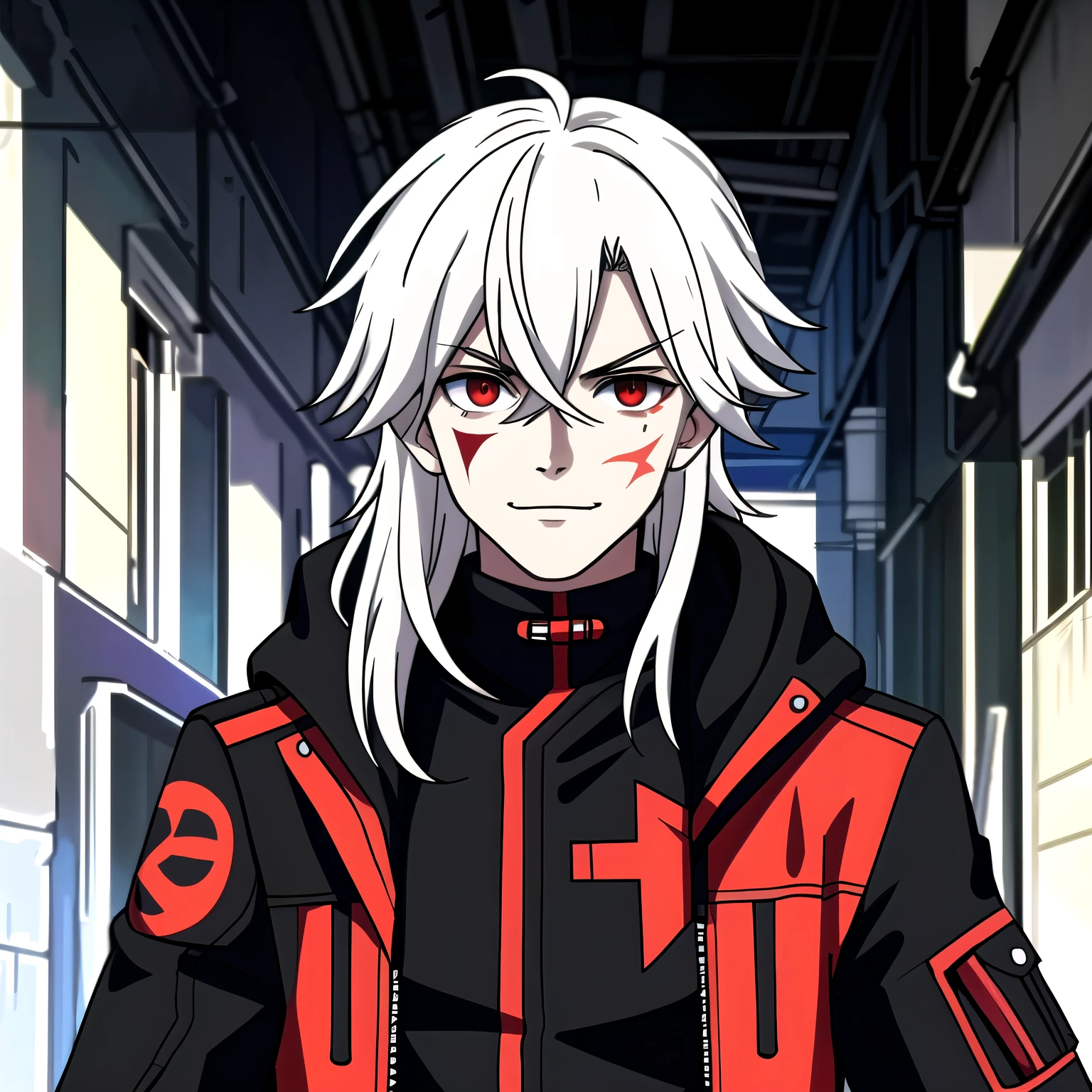 (high-quality, breathtaking),(expressive eyes, perfect face) portrait, Symmetrical Eyes, 1boy, male, teenager, solo, looking at viewer, portrait, simple background, white background, apocalyptic theme, ruined city buildings, alleyway, allen walker, red eye color, white hair, scar, facial mark, halfbody shot, long hair length, confident expression, charming, black and red jacket, hood, red trim, smirk, cyberpunk clothing, Abzu
