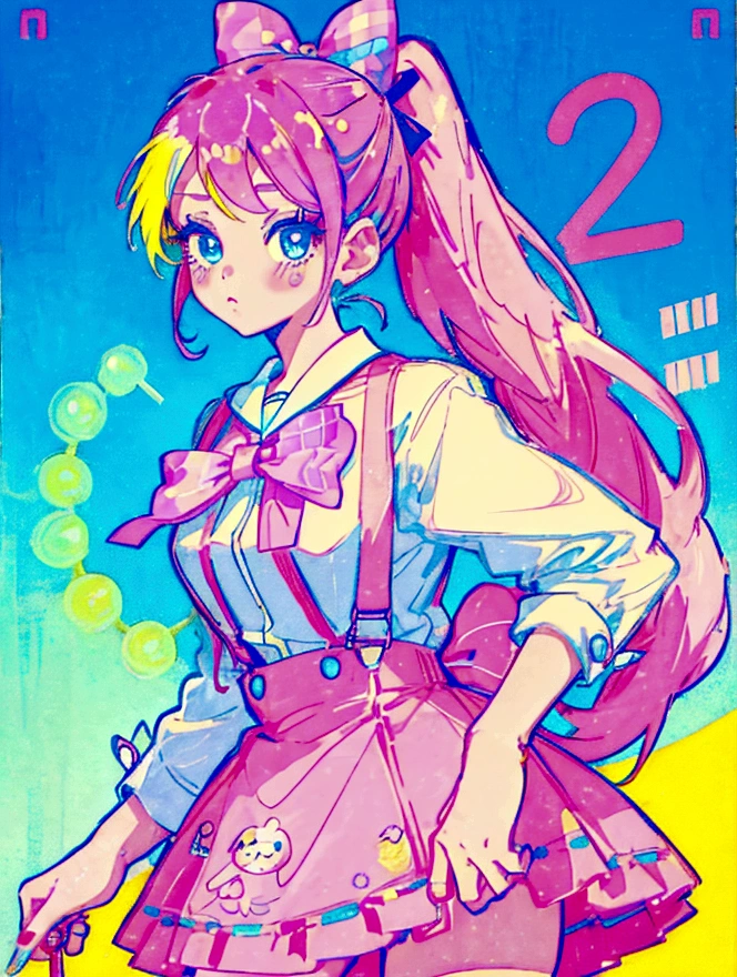 A cute girl,Anime art style,Close-up of face,Big eyes with long eyelashes,Double ponytail hairstyle,The big bow is decorated with colorful plaid,She's in a retro dessert shop with a vintage neon sign,Holding a giant colorful lollipop,Surrounded by colorful desserts poster。She has blue eyes and fair skin.。She was wearing a suspender skirt,A bow is tied around the neck。Bright colors,Strong contrast,Kawaii punk aesthetic
