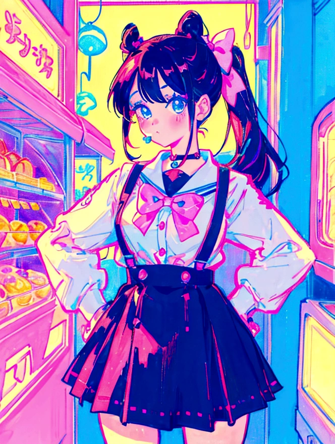 A cute girl,Anime art style,Close-up of face,Big eyes with long eyelashes,Double ponytail hairstyle,The big bow is decorated with colorful plaid,She's in a retro dessert shop with a vintage neon sign,Holding a giant colorful lollipop,Surrounded by colorful desserts poster。She has blue eyes and fair skin.。She was wearing a suspender skirt,A bow is tied around the neck。Bright colors,Strong contrast,Kawaii punk aesthetic