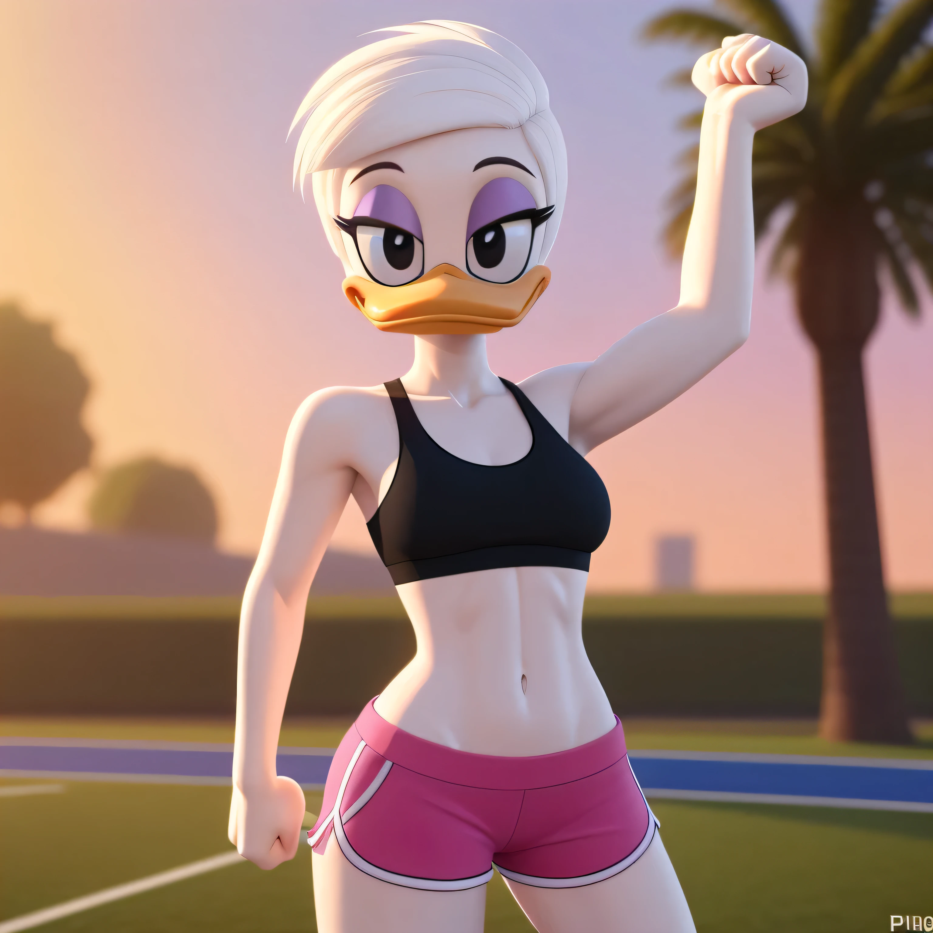 photorealism, female daisy duck, detailed background, outside, eyeshadow, white hair, hairstyle,

wear sports bra, pink shorts, stretching her arms

simple black eyes, detailed, intricate, skinny torso, hands out, (showing her torso)

8k hd, highest quality, (detailed white skin:1.3), (looking at the viewer), (soft cinematic light:1.1) ,