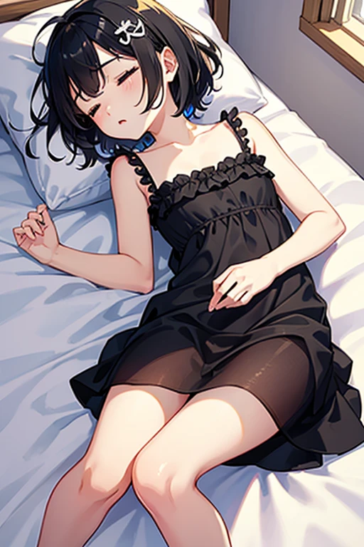 Black Hair、Iris、short hair、girl、cute、、、Small hair ornament、Nightgown dress、Lying down、Sleeping、sleeping face、You look feels good、Panty shot、1 person