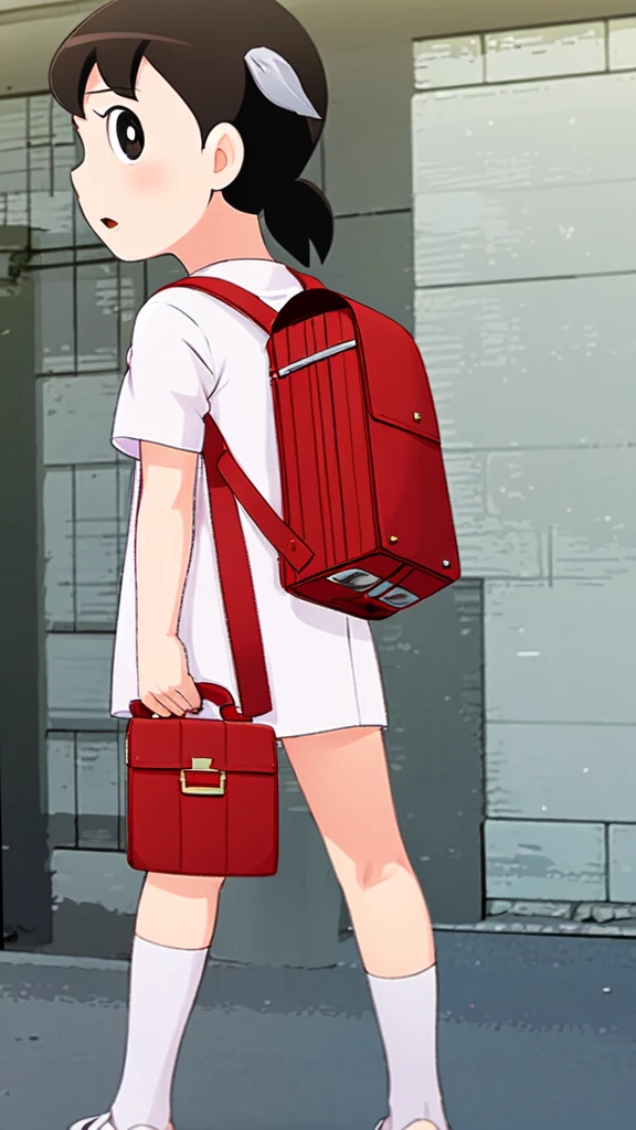 1girl, standing, roki_hirokix style, house, , school bag, twintails, car, carrying bag