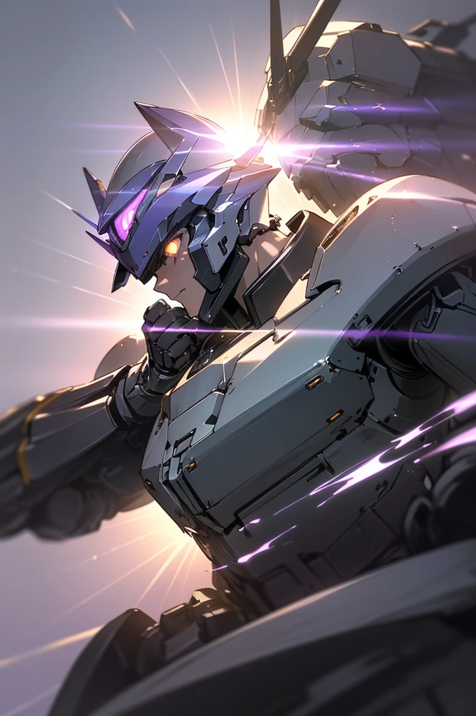 {masterpiece, distinct_image, extremely detailed CG, (extremely detailed fine touch:1.2),action manga, monochrome, sketch,ink splashing, (natural light, sun light, light rays, dappled light, ray tracing:1.2), glitter, purple_light, (glow_black_upper_body, front_light:1.3), {1mecha, fist_focus, upper_body, dynamic angle, standing, fighting stance, attack, punching, clenched hand},{(black_colored_upper_body_machine armor, mecha head, Very Huge Mechanical Gauntlets:1.3), (purple_glowing_eye:1.2) , no_holding_weapon}}