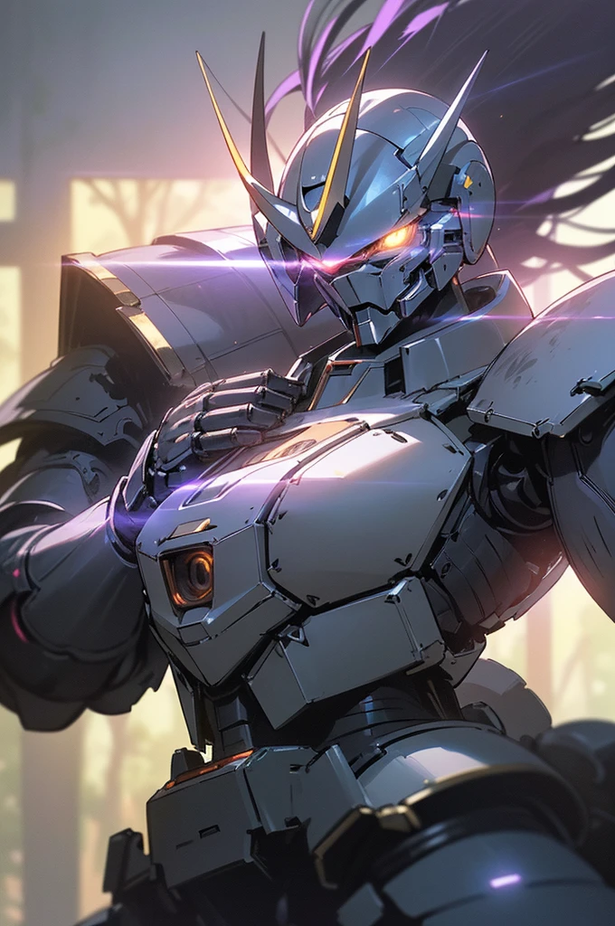 {masterpiece, distinct_image, extremely detailed CG, (extremely detailed fine touch:1.2),action manga, monochrome, sketch,ink splashing, (natural light, sun light, light rays, dappled light, ray tracing:1.2), glitter, purple_light, (glow_black_upper_body, front_light:1.3), {1mecha, fist_focus, upper_body, dynamic angle, standing, fighting stance, attack, punching, clenched hand},{(black_colored_upper_body_machine armor, mecha head, Very Huge Mechanical Gauntlets:1.3), (purple_glowing_eye:1.2) , no_holding_weapon}}